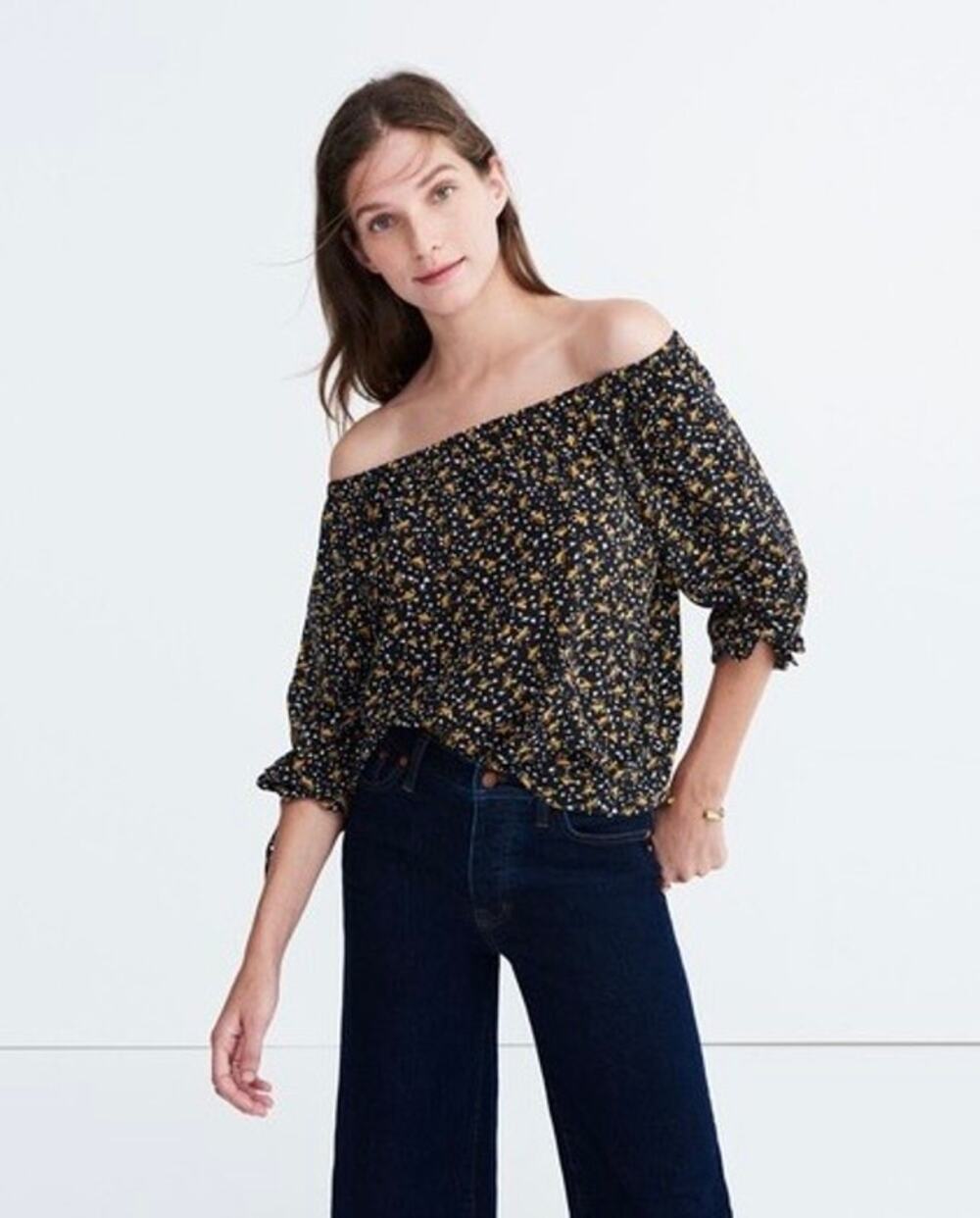 Madewell Silk Off Shoulder Top Medium Black Falling Leaves Tie Sleeve